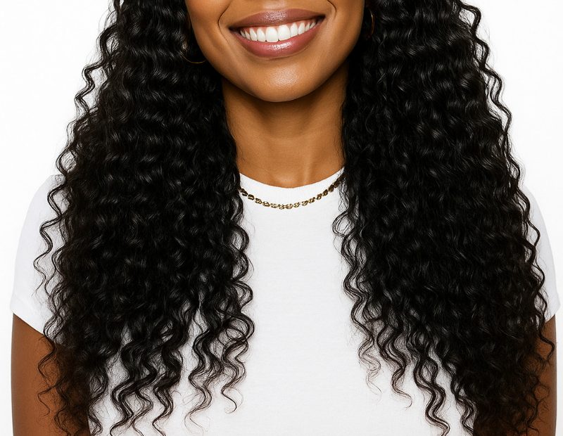 African American woman wearing 26 inch deep curly human hair lace front wig, natural black color, middle part, realistic hairline