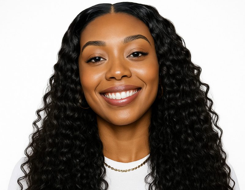 Long deep-wave human hair wig on a smiling woman wearing a white crop top.